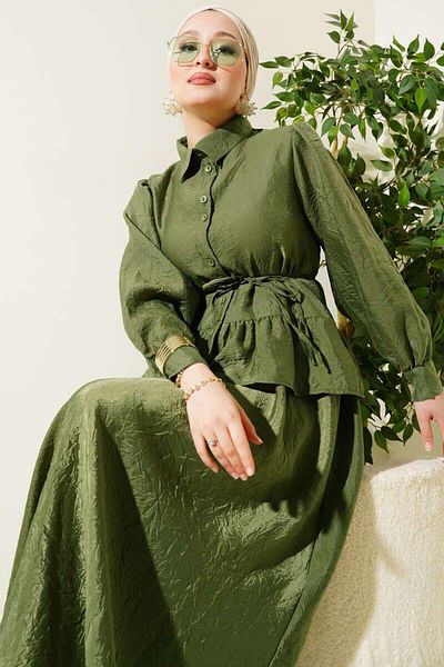modasindoma Women's Crinkle Textured Rope Belted Skirted Double Suit