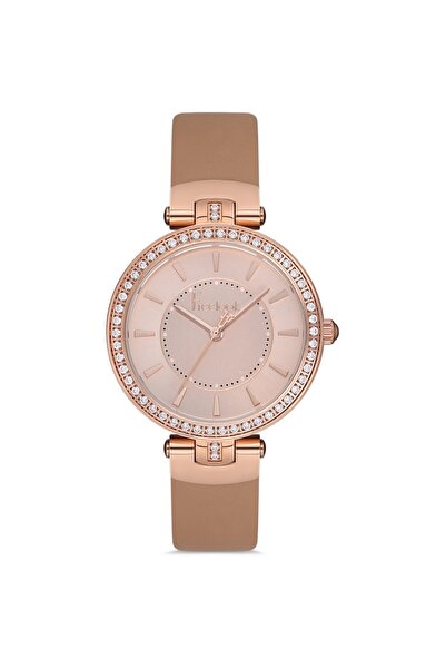 Freelook ساعة يد نسائية بعلبة فولاذية باللون الذهبي الوردي والوردي وقرص دائري من الجلد بسوار من الجلد وآلية كوارتز تناظرية