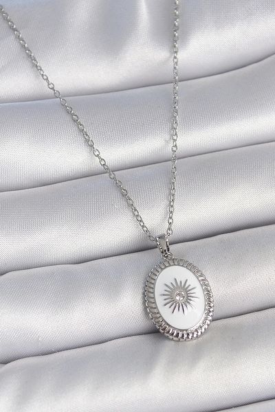 Clariss 316L Steel Silver Color White Enamel Sun Engraved Evil Eye Bead Detail Medallion Model Women's Necklace