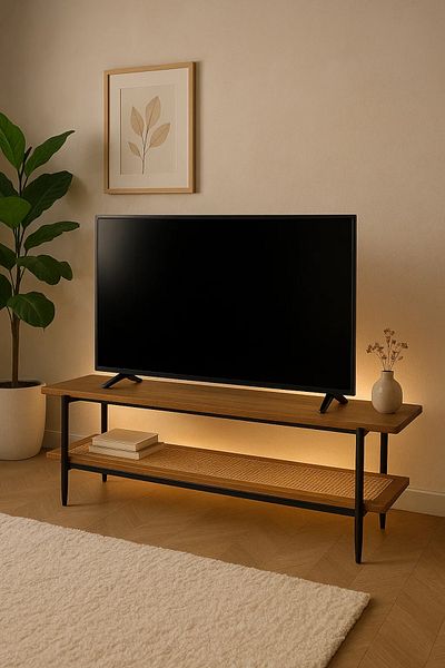 MARIA HOMES Modern Brown TV Stand with Rattan Shelf – 160x40x50 cm Two-Tier Wooden Media Console
