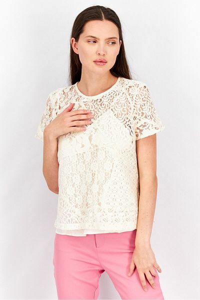 Ralph Lauren Women Round Neck Short Sleeves Lace Blouse, Winter Cream