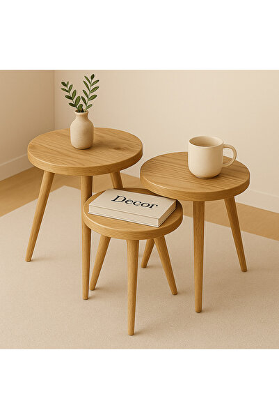 Trihome 3'lü Doğal Masif Zigon Sehpa Takımı | Budaklı Çam, Estetik Tasarım, M...