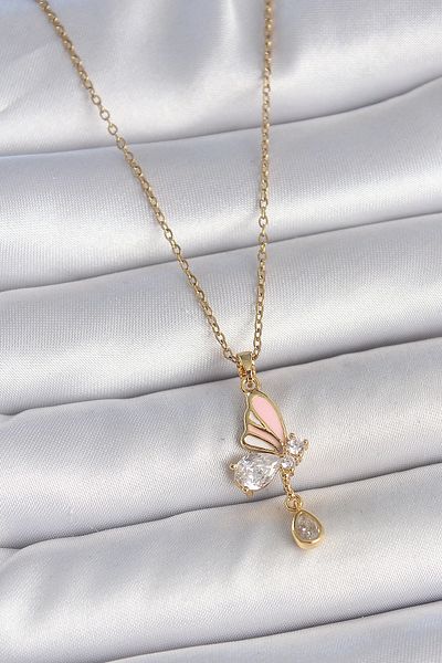 Clariss 316L Steel Gold Color Chain Drop Zircon Stone Butterfly Model Dangle Detail Women's Necklace