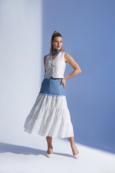 Guzella Fusta albă cu volan - Denim albastru, fustă de vară cu buzunare și căptușeală