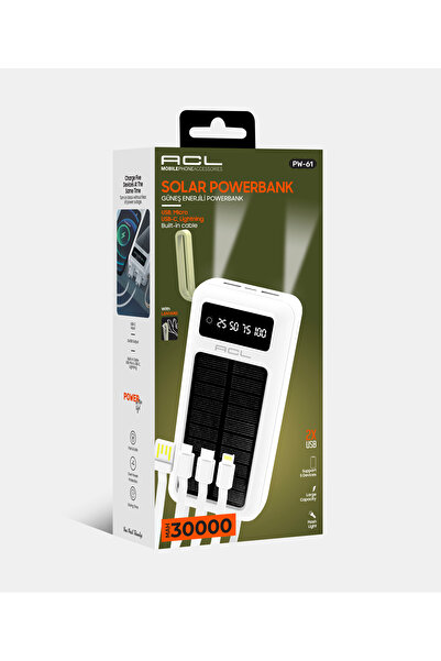 ACL PW-61 30.000mAh Güneş Enerjili Powerbank Beyaz | 5 Cihaz Aynı Anda Şarj | USB-C & Lightning & Mi