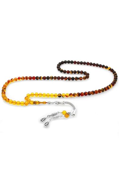 Tesbihane Non-Tarnish Metal Water Drop Tasseled Globe Cut Filtered Bala-black Fire Amber 99 Pcs Rosary