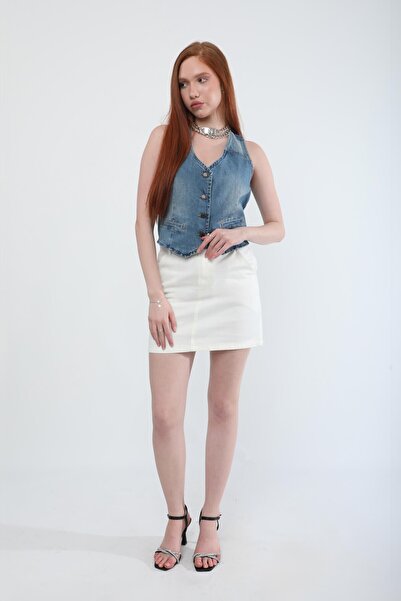 BANNY JEANS Γυναικείο γιλέκο τζιν με λαιμόκοψη V με κουμπί 100% βαμβάκι