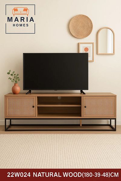 MARIA HOMES Natural Wood TV Stand with Woven Rattan Doors and Metal Base – 180x39x48 cm
