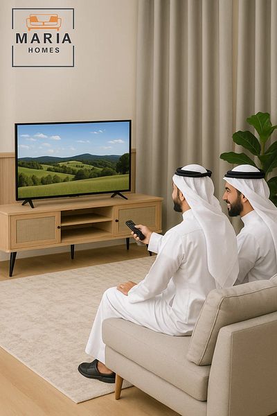 MARIA HOMES Modern Light Wood Tv Stand With Fabric Doors And Metal Legs – 180x40x50 Cm Entertainment Console