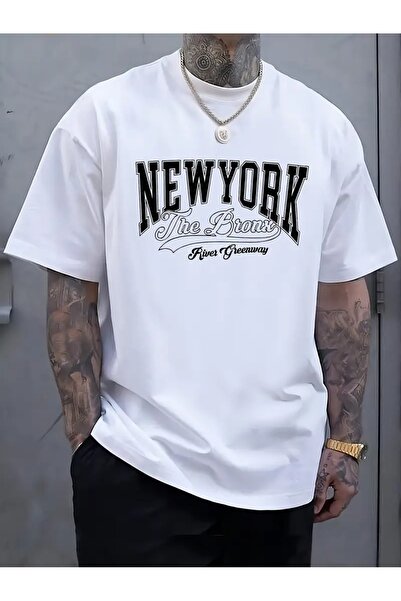 AZIZI TEKSTIL Oversized Cotton T-Shirt for Men - New York Letter Print, Outdoor