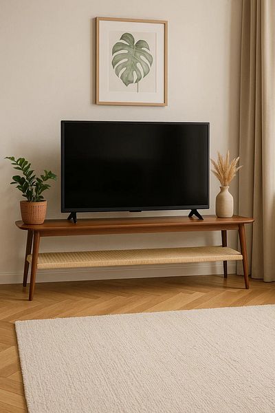 MARIA HOMES Mid-Century Modern TV Table with Woven Shelf – 160x40x45 cm Walnut Finish