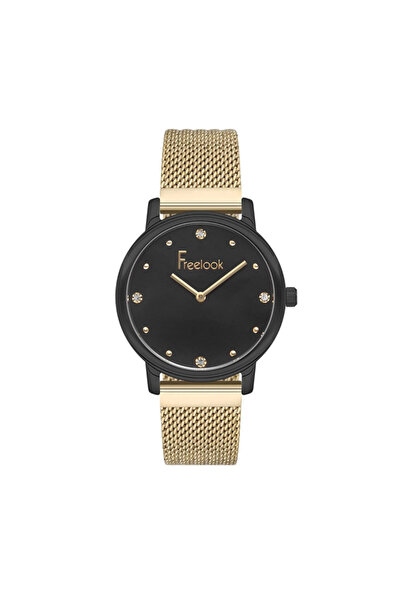 Freelook ساعة يد نسائية بهيكل فولاذي أسود ومينا دائرية وسوار شبكي وحركة كوارت...