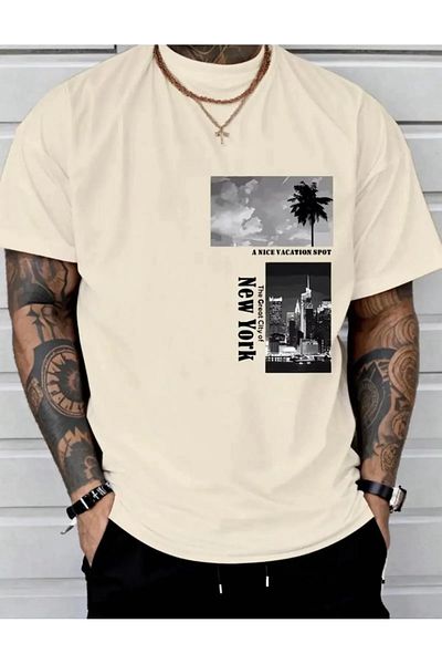 NO 601 Ανδρικό μπλουζάκι μπεζ NY Palm Printed Oversize