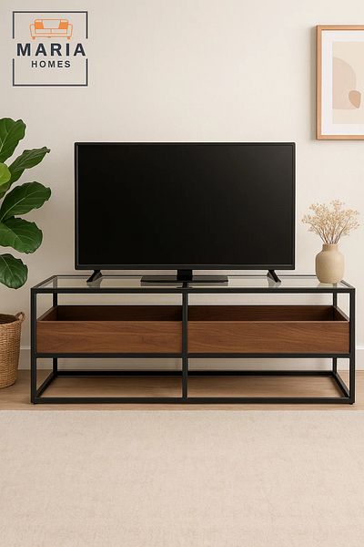 MARIA HOMES Modern Glass Top TV Stand with Walnut Wood Storage and Black Metal Frame – 160x40x45 cm