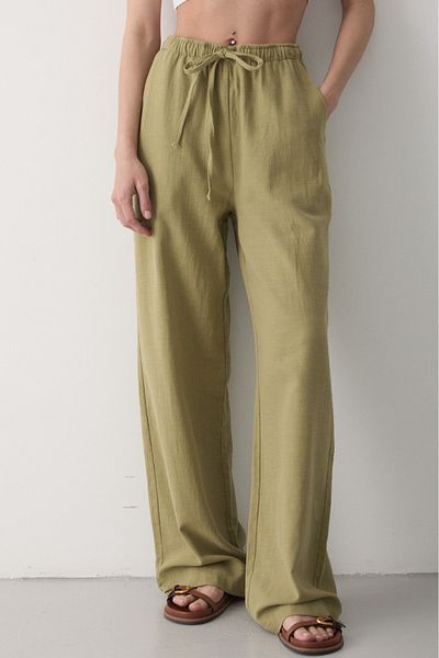 JASTE Women's Elastic Waist Wide Leg Palazzo Linen Trousers