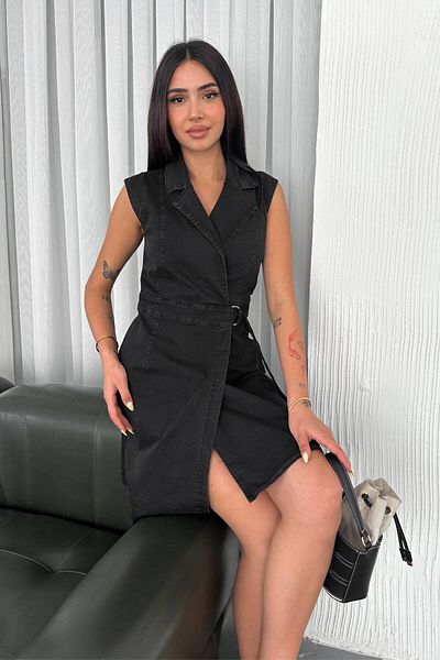 ZISHAN Belt Detailed Double Breasted Collar Sleeveless Denim Dress 041