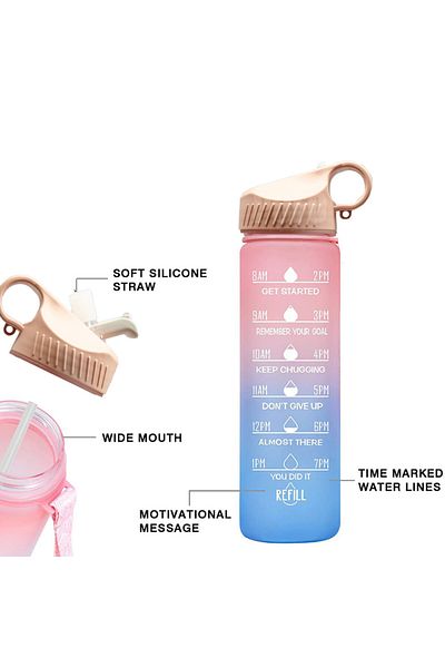 PUFO Graduated water bottle for sports, fitness, training, with straw included, 500 ml, pink/blue