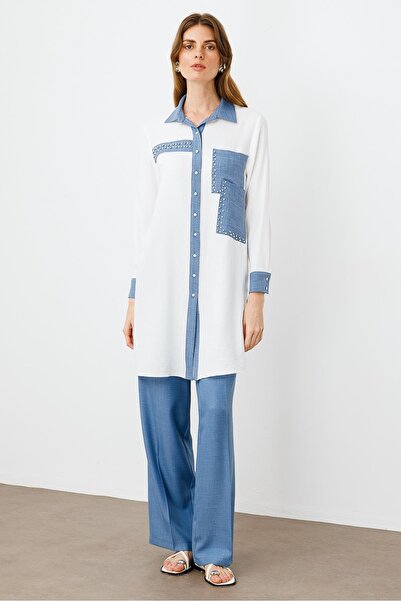 Moda İlgi Modailgi İşlemeli Uzun Tunik Ekru/İndigo