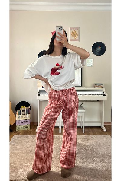 Moide 100% Linen Mid Waist Pocket Adjustable Waist Women's Gingham Pants