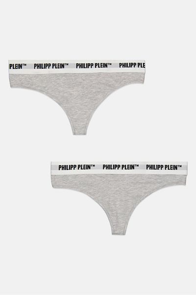 PHILIPP PLEIN Women 2 Pieces Brand Logo Thong Panty, Light Grey