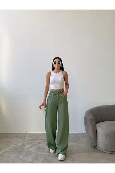 Swan Woman Elastic Waist Wide Leg Visco Linen Pocket Summer Trousers