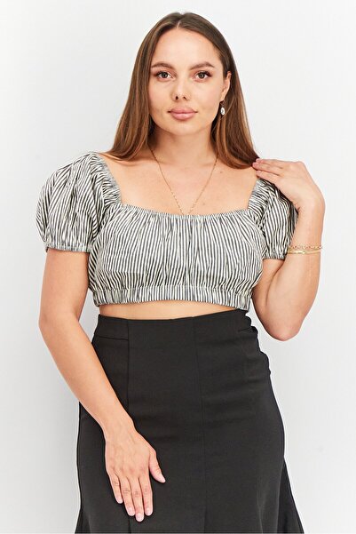 Nicole Miller Women Off Shoulder Neck Short Sleeve Stripe Crop Top, Charcoal