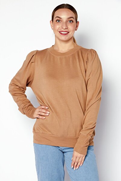 Monrow Women Crew Neck Long Sleeve Plain Sweatshirt, Beige
