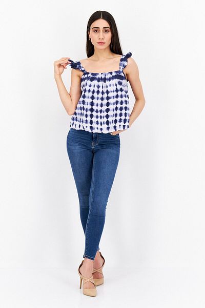 BB Dakota Women Square Neck Sleeveless Tie Dye Tops, Indigo