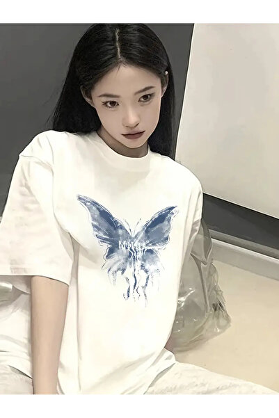 Marco Fresco Tricou oversize unisex Pinterest cu imprimeu fluture albastru