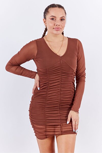 Don't Call Me Jennyfer Women Ruched Bodycon Casual Dress, Brown