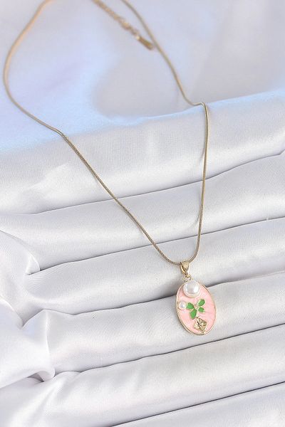 Clariss 316L Steel Gold Color Chain Pink Enamel Oval Pearl Flower Embroidered Portrait Model Women's Necklace