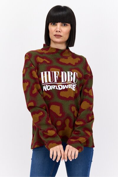 HUF سويت شيرت نسائي مموه بأكمام طويلة وياقة عالية، متعدد الألوان