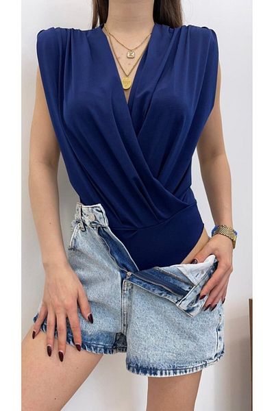 modaserdem Women's Sendy Fabric Double Breasted Collar Padded Blouse