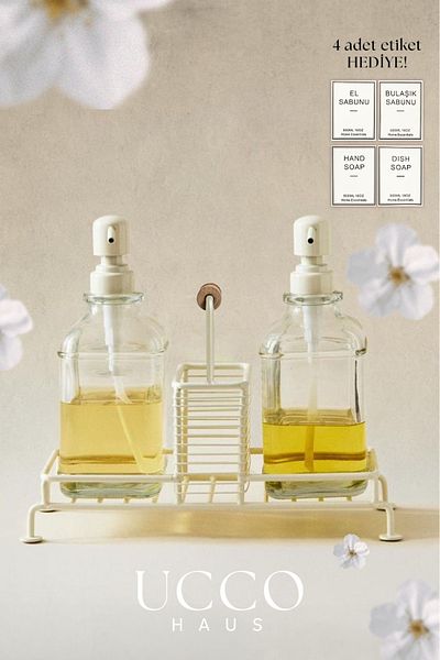 UCCO Glass Soap Dispenser Set of 2 with Metal Stand – with Handle – Pump Bottle – Labeled – Kitchen Bathroom Compatible