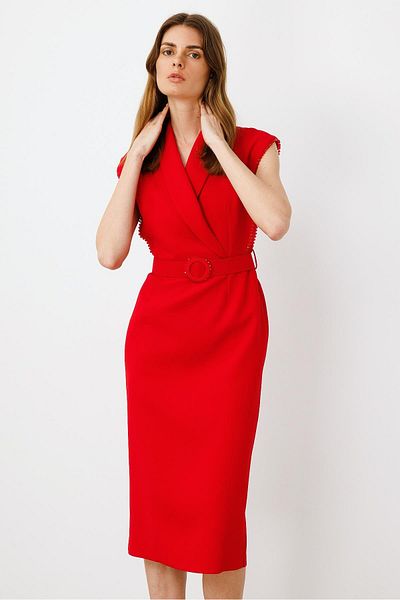Moda İlgi Modailgi Sleeve Mouth Bead Accessory Detailed Dress Red