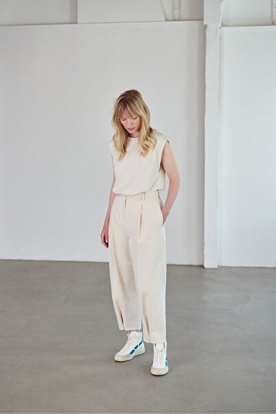 Tchibo Women Textured High Waist Straight Pants, Beige