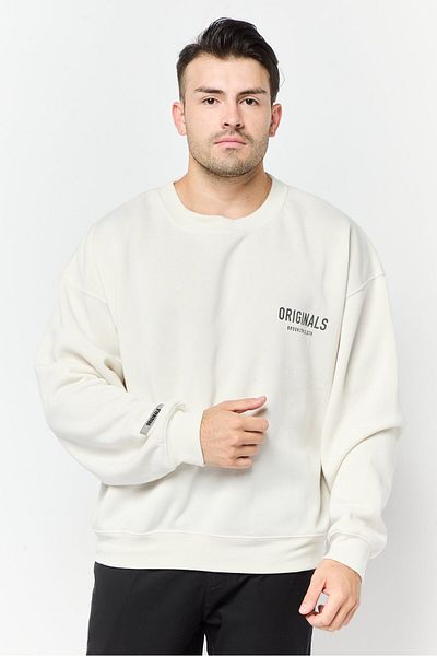 Brooklyn Men Crew Neck Long Sleeve Brand Logo Sweatshirt, Off White