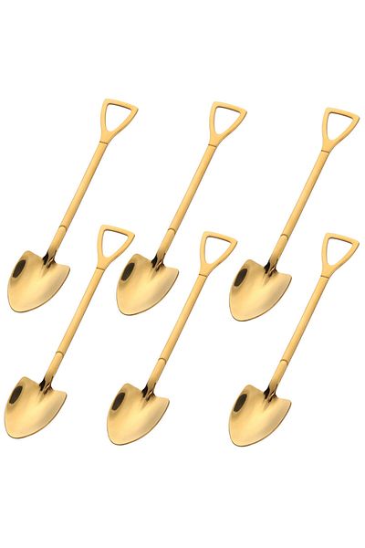 PUFO Set Of 6 Spade Spoons For Coffee, Tea, Dessert, Steel, Shovel Shape, Gold, 15 Cm