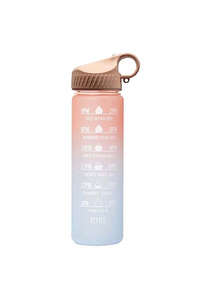 PUFO Graduated water bottle for sports, fitness, training, with straw included, 500 ml, pink/blue