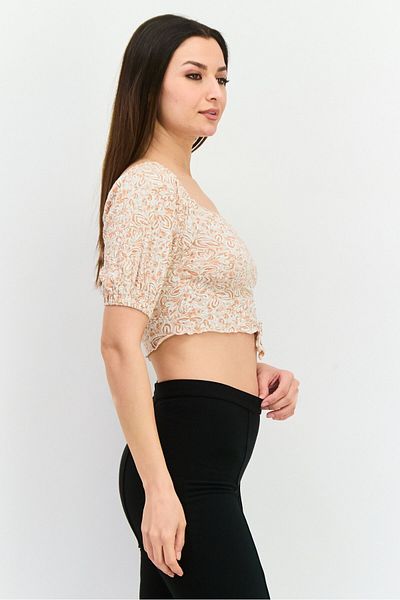 Roxy Women Square Neckline Short Sleeve Allover Print Crop Top, Light Grey