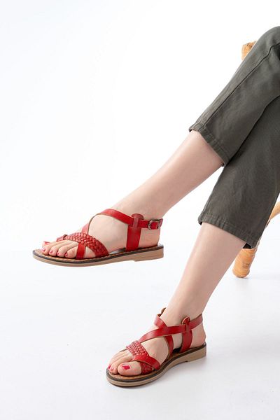 İnfon Ayakkabı Marketi Sandals205-09 Red Orthopedic Genuine Leather Women's Sandals