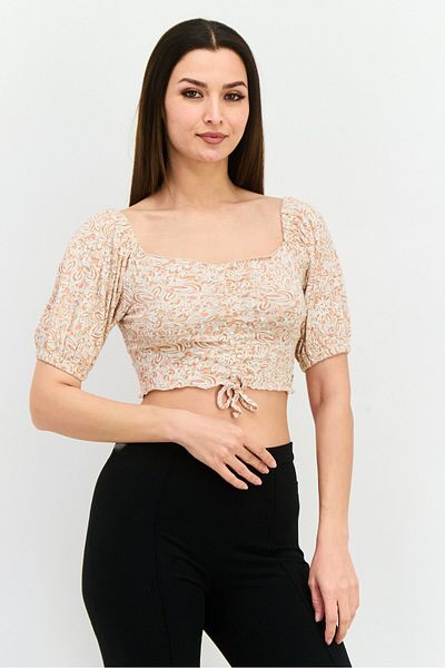 Roxy Women Square Neckline Short Sleeve Allover Print Crop Top, Light Grey