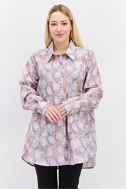 NAH/ Studio قميص نسائي بياقة واسعة وأكمام طويلة وطبعة كاملة، لون بيج