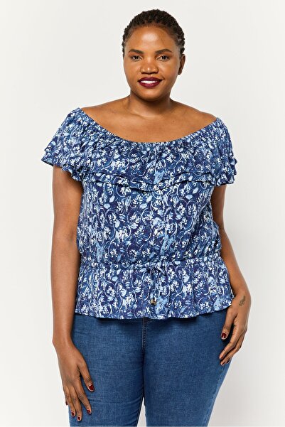 Ralph Lauren بلوزة نسائية مطبوعة بالكامل بأكمام قصيرة وأكتاف مكشوفة، أزرق داك...