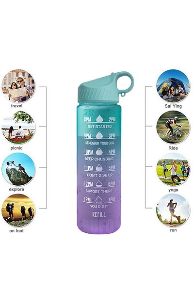 PUFO Graduated water bottle for sports, fitness, training, with straw included, 500 ml, green/purple