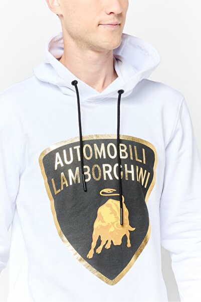 Lamborghini Men Brand Logo Long Sleeve Hoodie, White