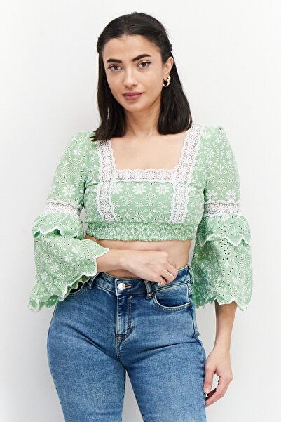 Charo Ruiz Ibiza Women Square Neck 3/4 Sleeve Eyelet Tops, Green