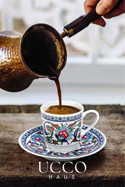 UCCO 2'li Güral Porselen Duble Türk Kahvesi Fincanı Gözde– 120 cc- Topkapı Desen – Etnik - Hediyelik Kutu