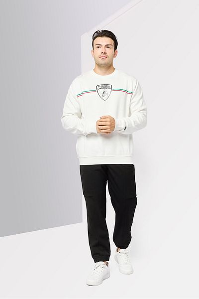 Lamborghini Men Crew Neck Brand Logo Long Sleeves Sweatshirt, White