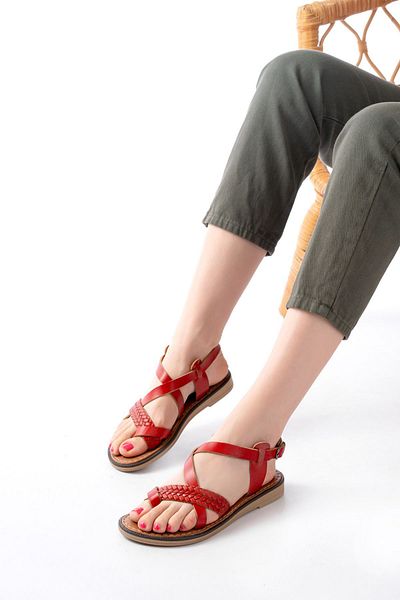 İnfon Ayakkabı Marketi Sandals205-09 Red Orthopedic Genuine Leather Women's Sandals